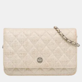 Beige CC Coated Tweed Wallet On Chain