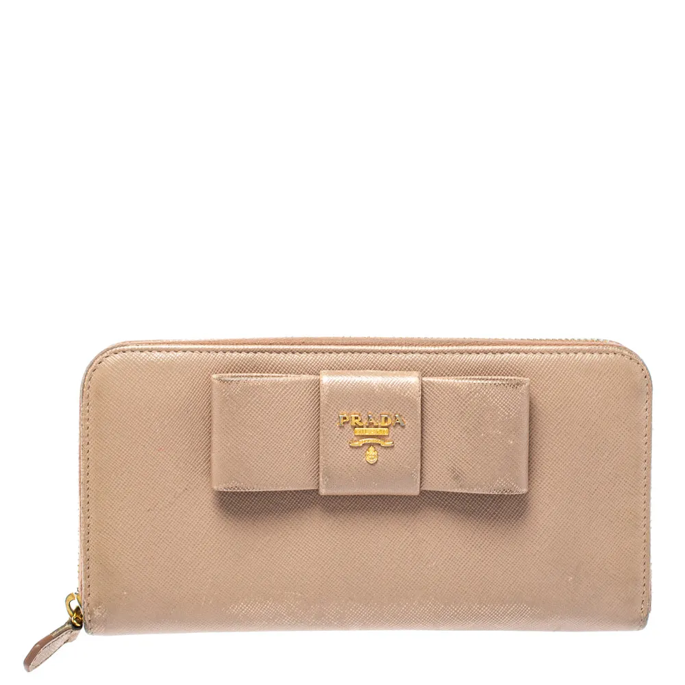 Beige Saffiano Leather Bow Zip Around Wallet