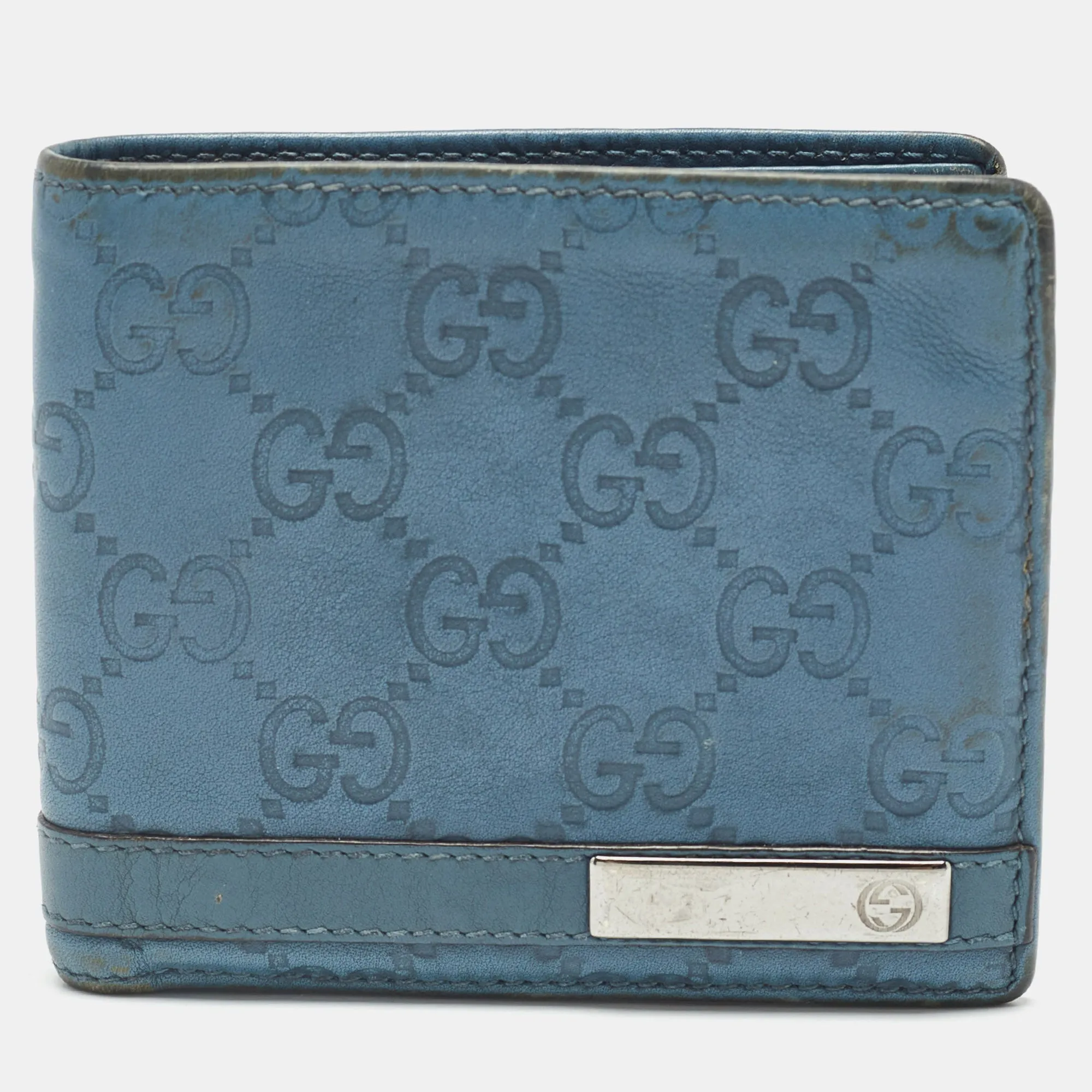 Blue Guccissima Leather Metal Bar Bifold Wallet