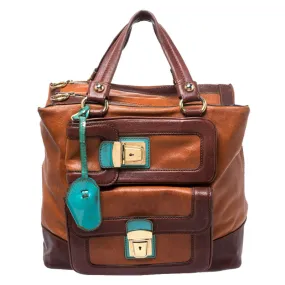 Brown/Turquoise Leather Push Lock Satchel