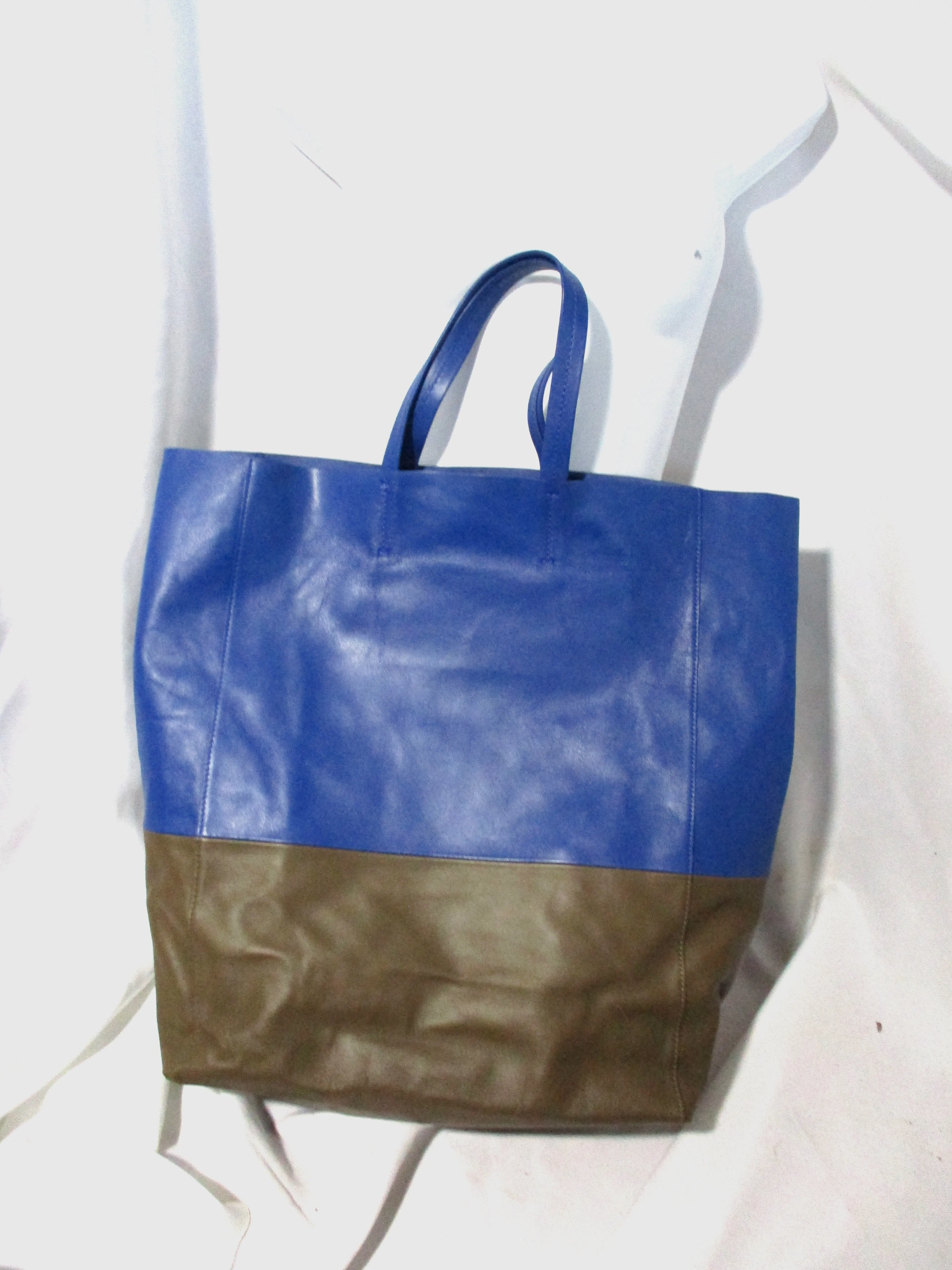 CELINE BI-CABAS Leather Tote Bag Shopper Luggage Italy OLIVE GREEN BLUE