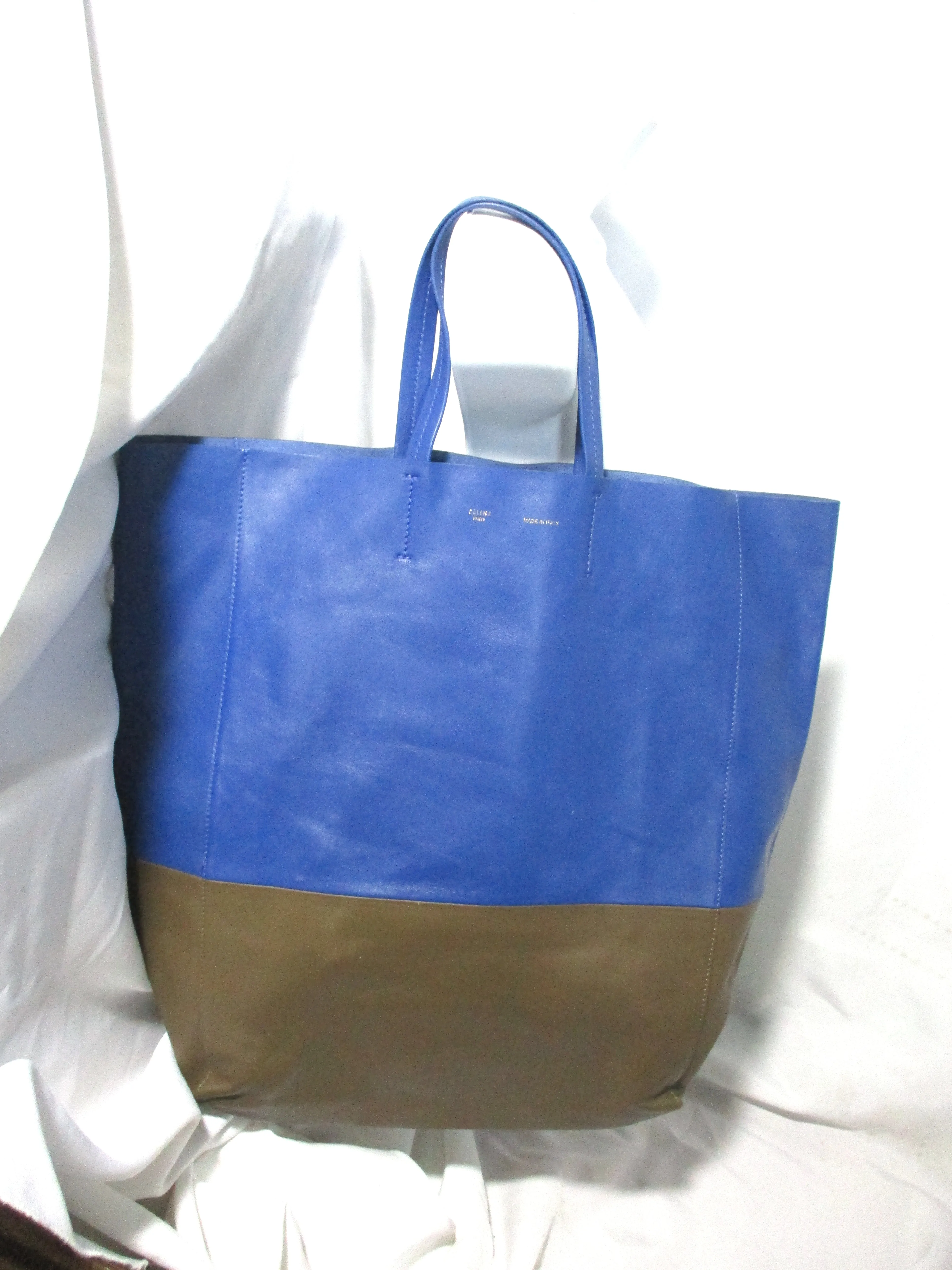 CELINE BI-CABAS Leather Tote Bag Shopper Luggage Italy OLIVE GREEN BLUE