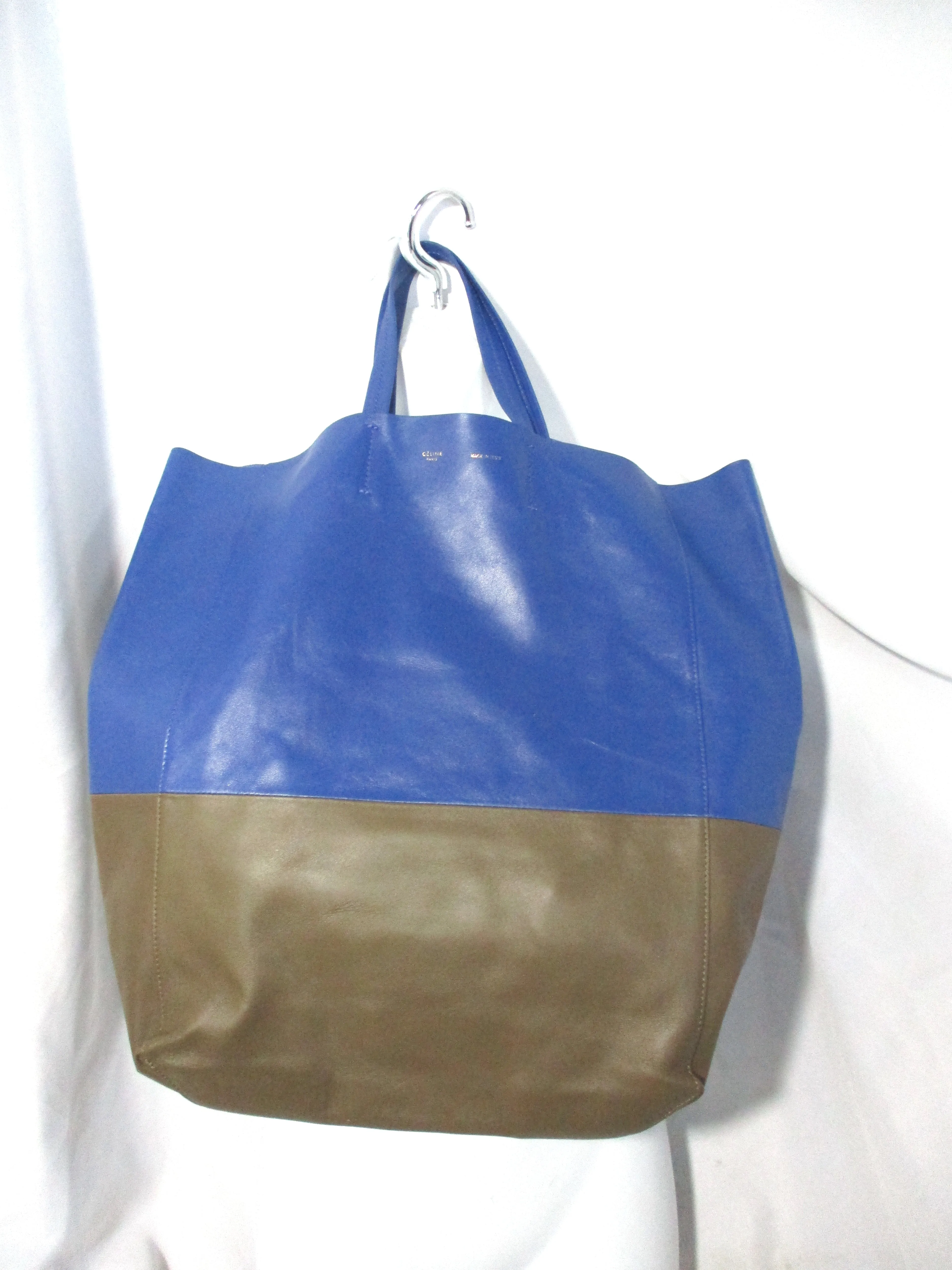 CELINE BI-CABAS Leather Tote Bag Shopper Luggage Italy OLIVE GREEN BLUE