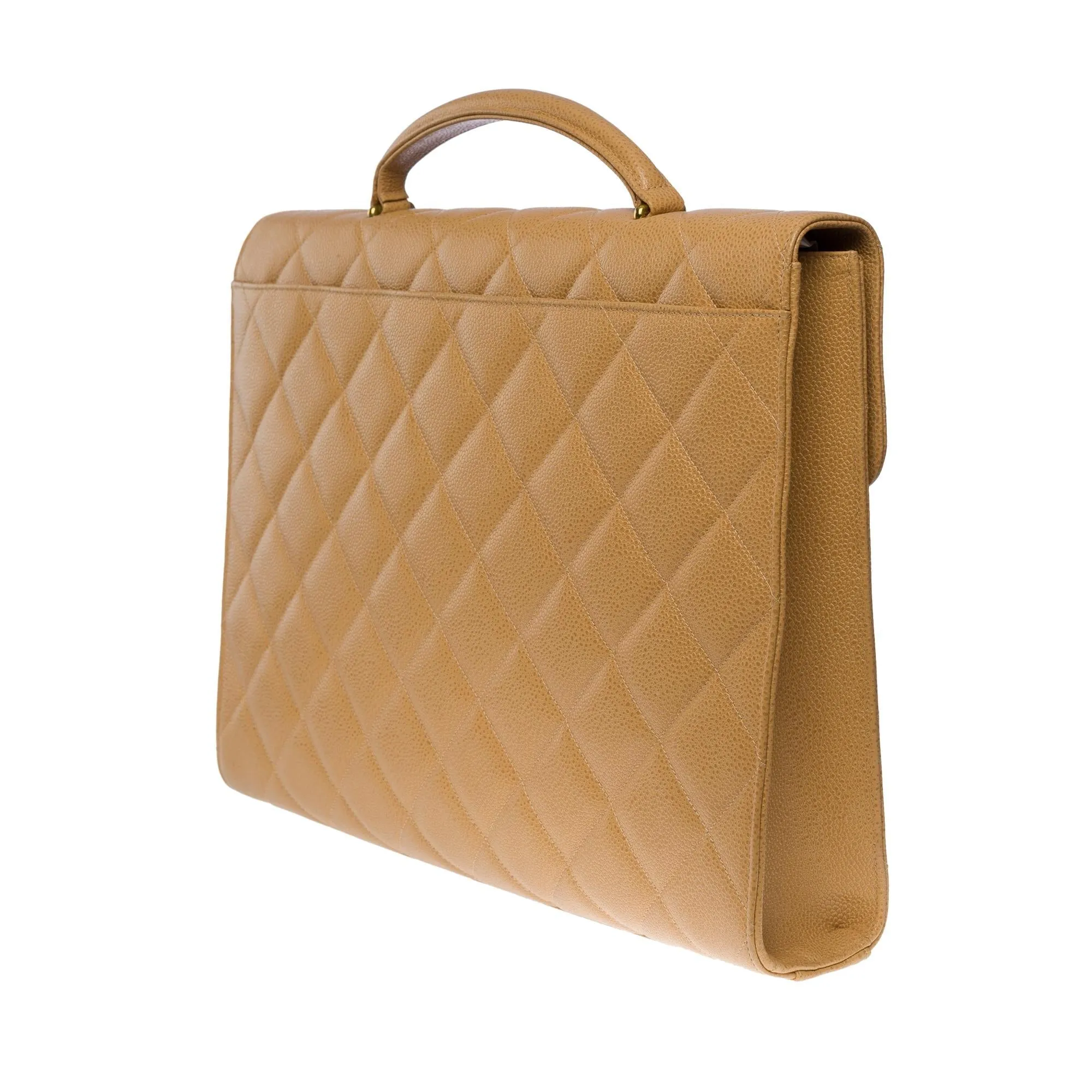 CHANEL Amazing vintage Briefcase in beige caviar leather, GHW