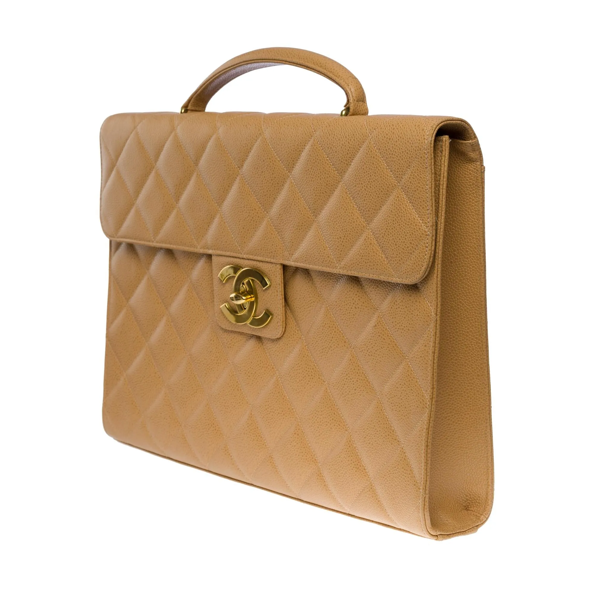 CHANEL Amazing vintage Briefcase in beige caviar leather, GHW
