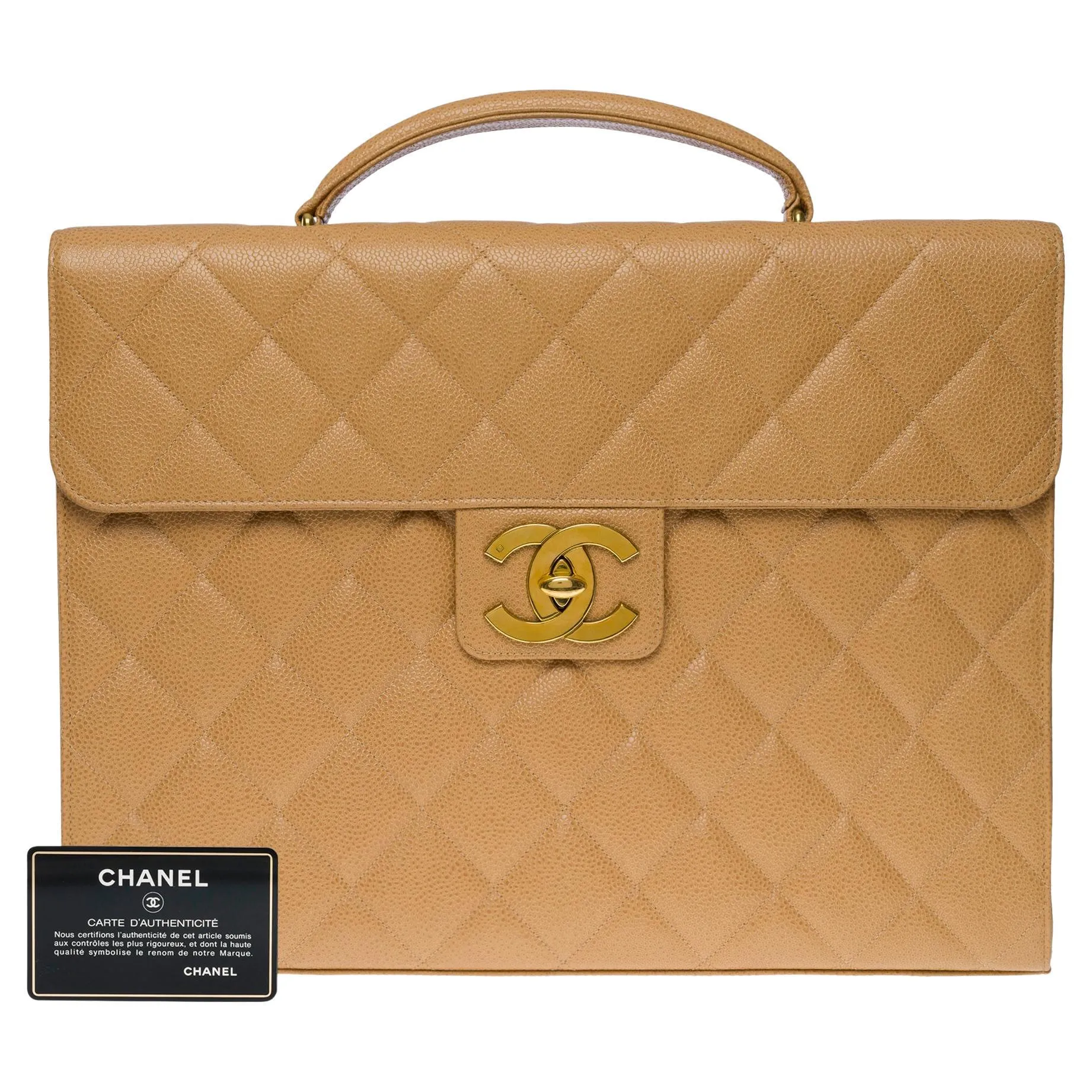 CHANEL Amazing vintage Briefcase in beige caviar leather, GHW