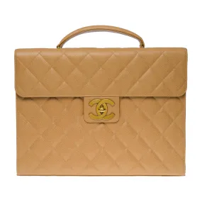 CHANEL Amazing vintage Briefcase in beige caviar leather, GHW
