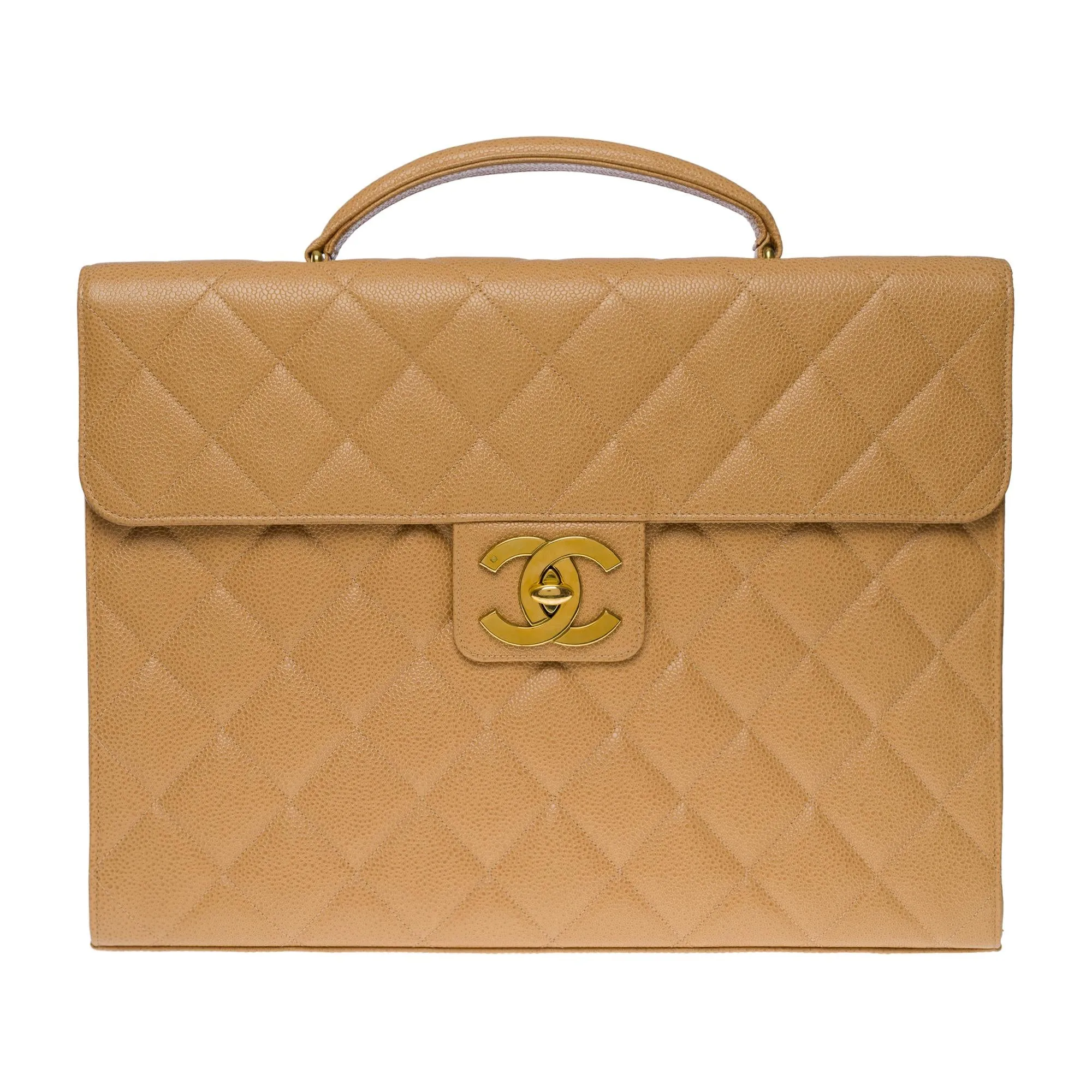 CHANEL Amazing vintage Briefcase in beige caviar leather, GHW
