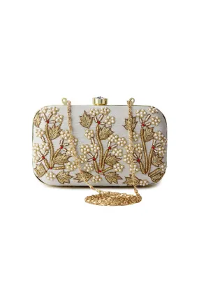 Delicate Fancy Fabric Embroidered Grey Color Clutch