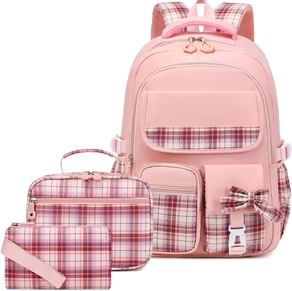 GeeWin School Backpack for Girls, Bookbags Back Pack School Bag for Teen Girls Elementary Middle School Student, Cute Stylish Plaid Girls Backpack with Matching Insulated Lunch Bag & Pencil Bag(Pink)