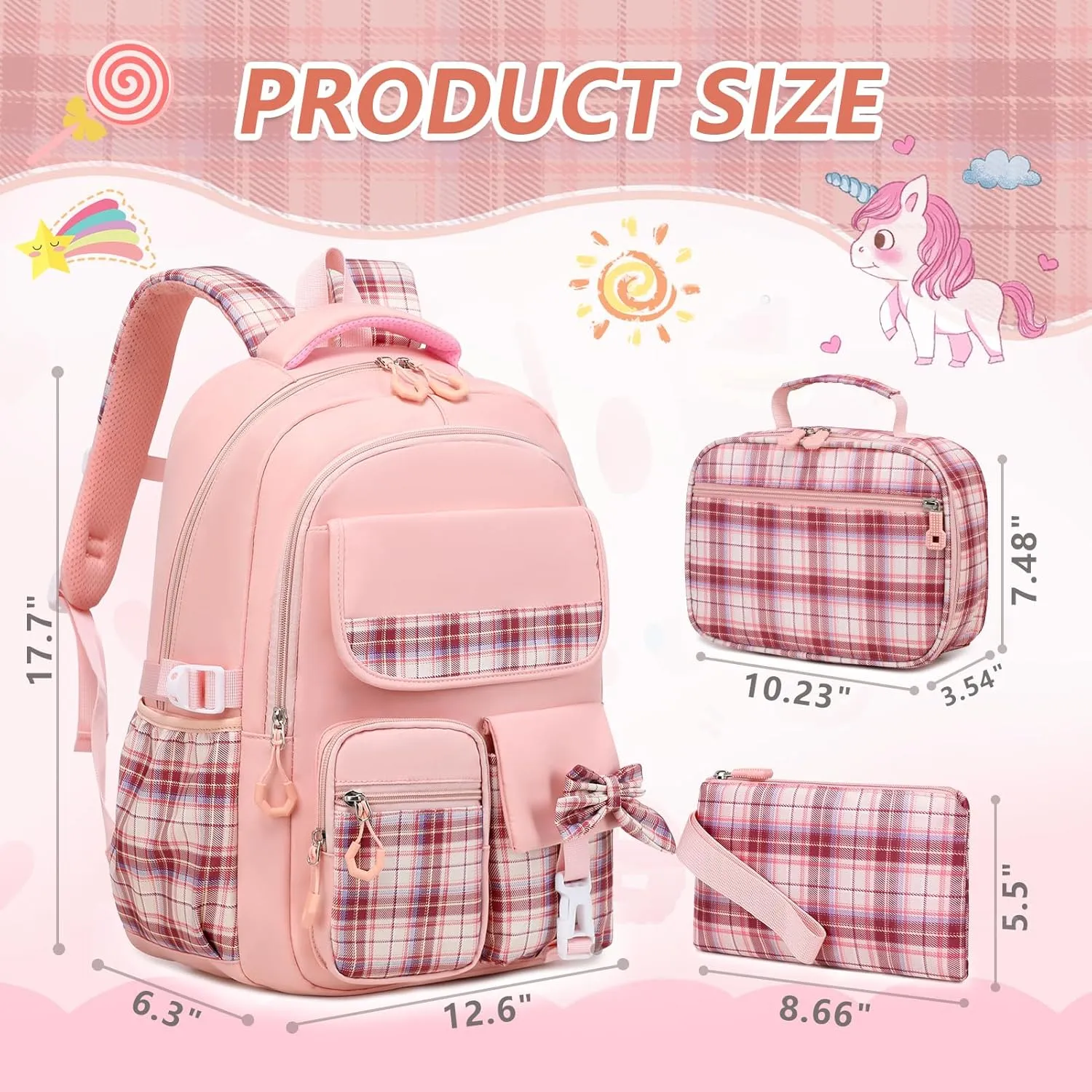 GeeWin School Backpack for Girls, Bookbags Back Pack School Bag for Teen Girls Elementary Middle School Student, Cute Stylish Plaid Girls Backpack with Matching Insulated Lunch Bag & Pencil Bag(Pink)