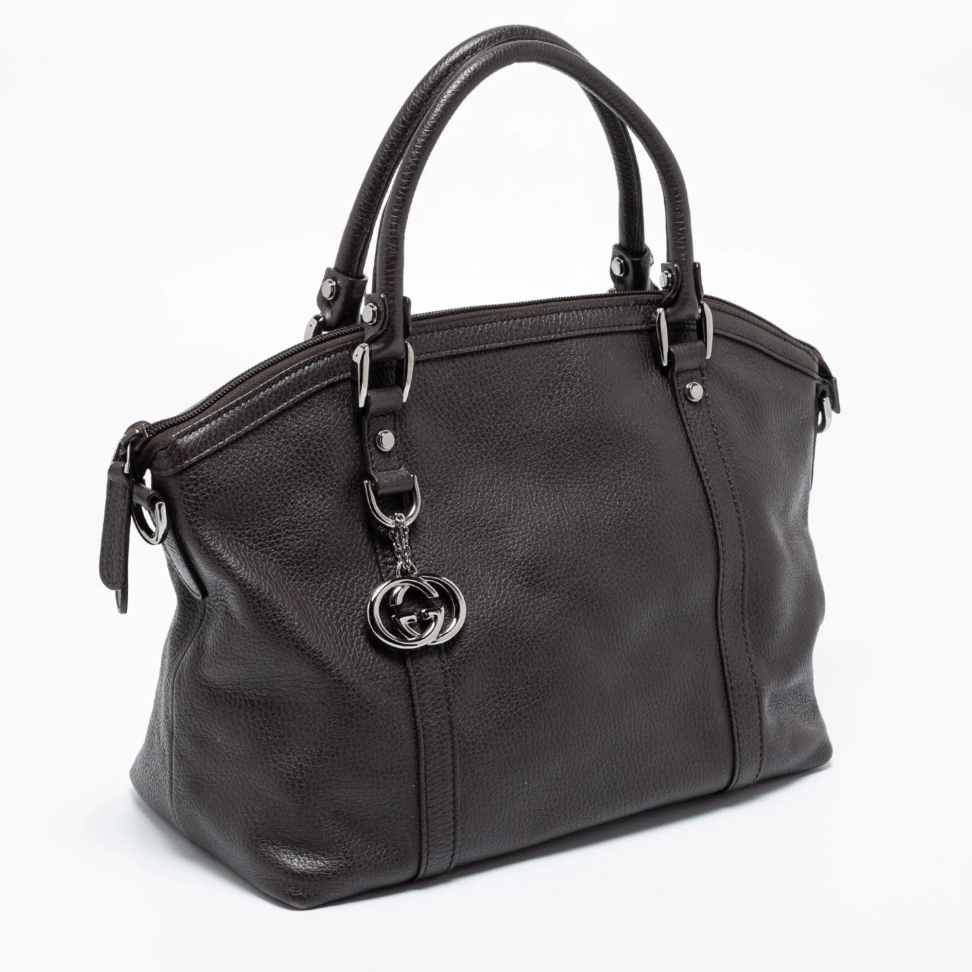 Gucci Dark Brown Leather GG Charm Dome Satchel