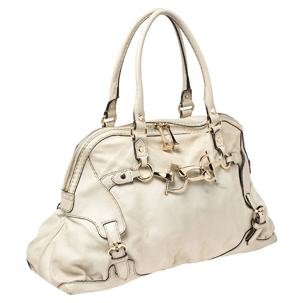 Gucci Off White Leather Medium Horsebit Nail Dome Satchel