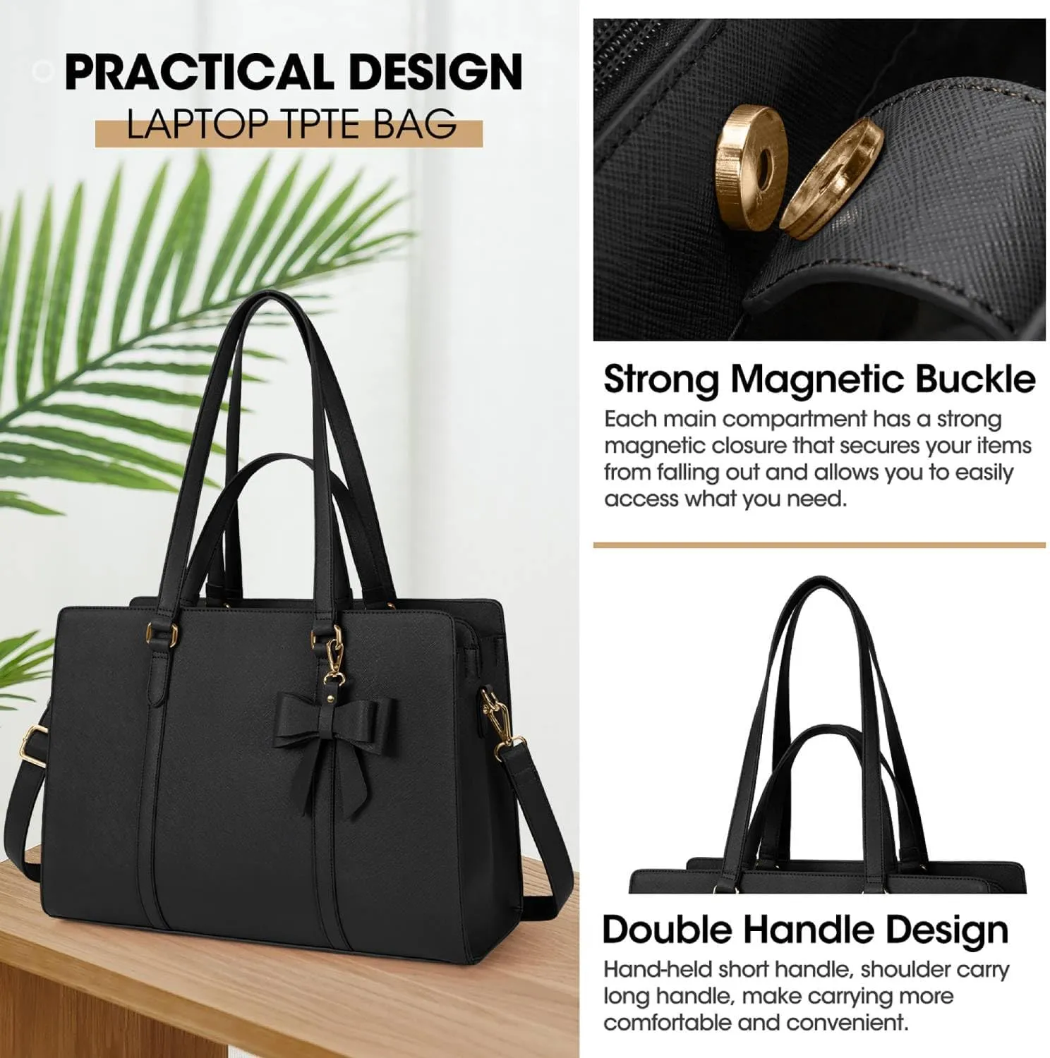 Laptop Bag for Women 15.6 inch Laptop Tote Bag Waterproof Leather Computer Bag Large Lightweight Briefcase Professional Business Office Work Bag Black