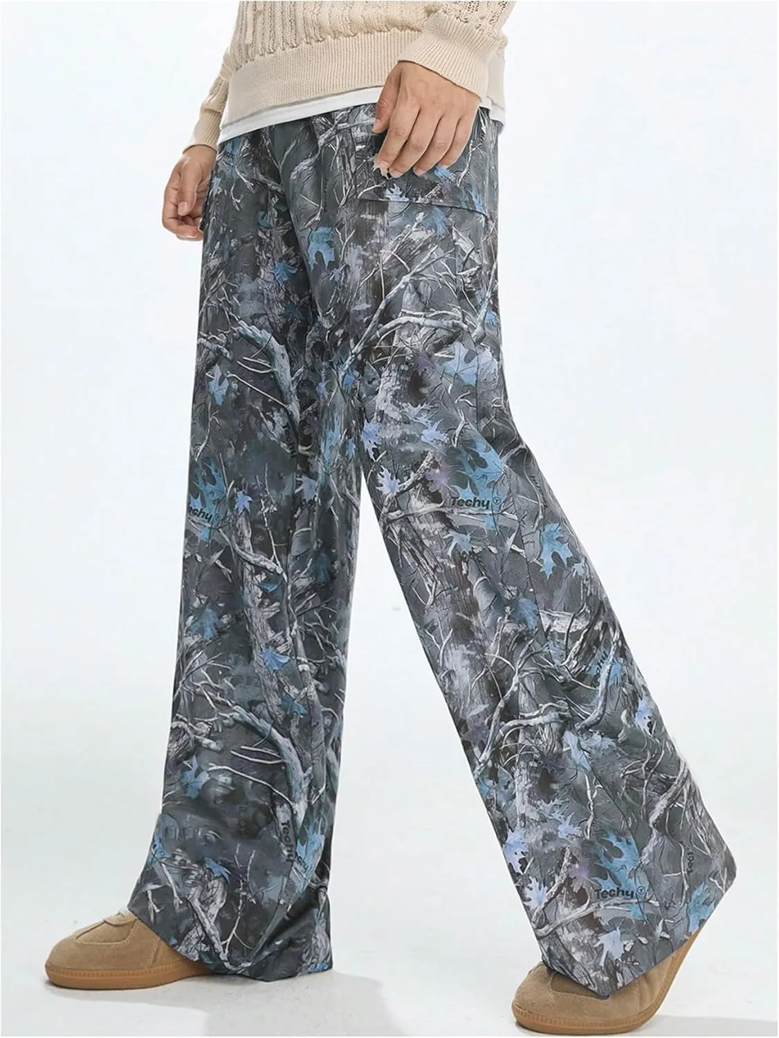 Men's Camo Print Straight Leg Pants Elastic Waist Loose Casual Trousers Streetwear