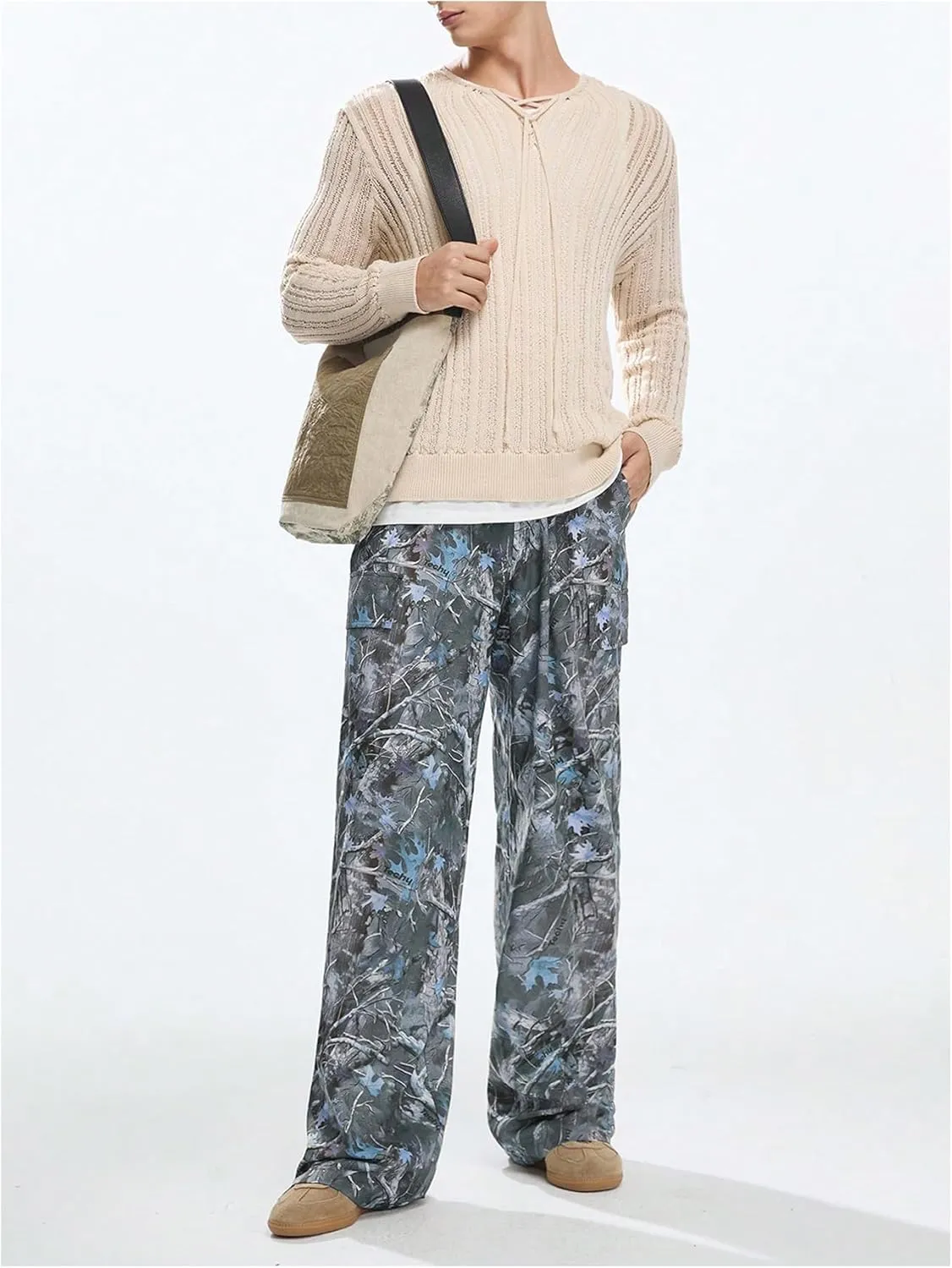 Men's Camo Print Straight Leg Pants Elastic Waist Loose Casual Trousers Streetwear