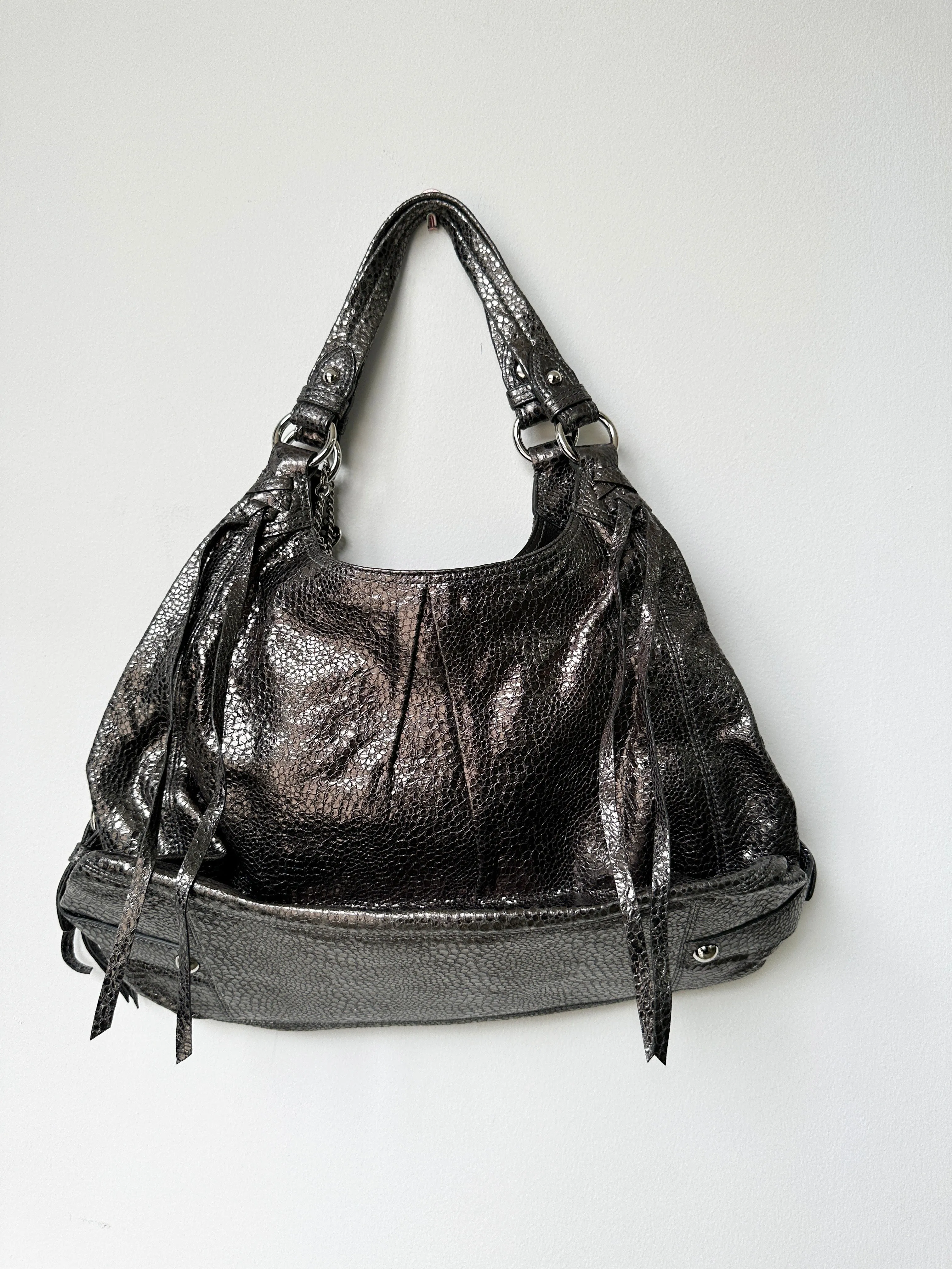Metallic Gunmetal Shoulder Leather Tote