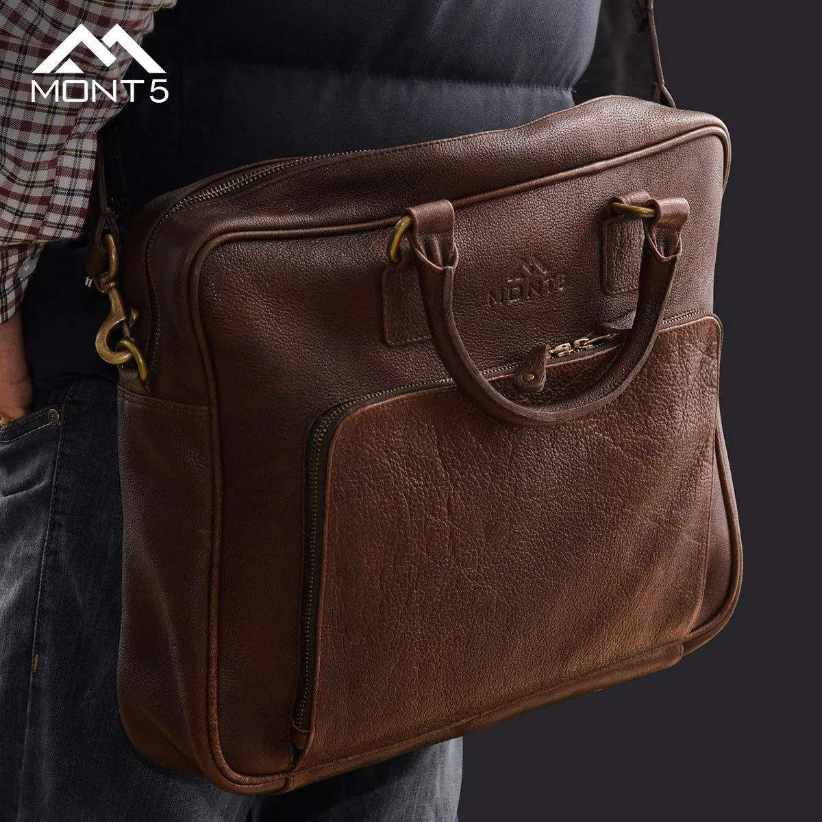 MONT5 Hushay Vintage Brown Leather Briefcase