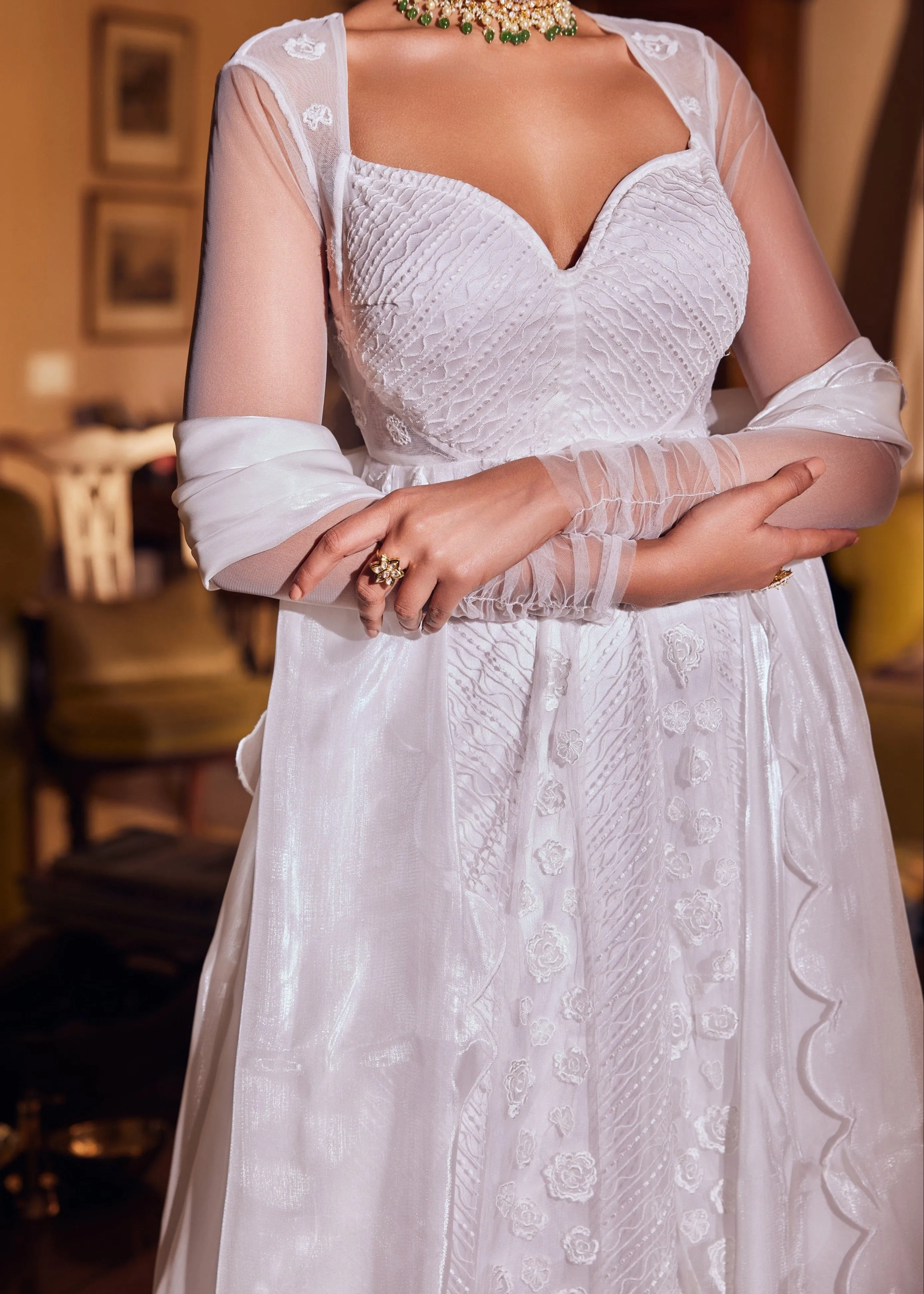 Satya Soft Mesh Embroidered White Anarkali set