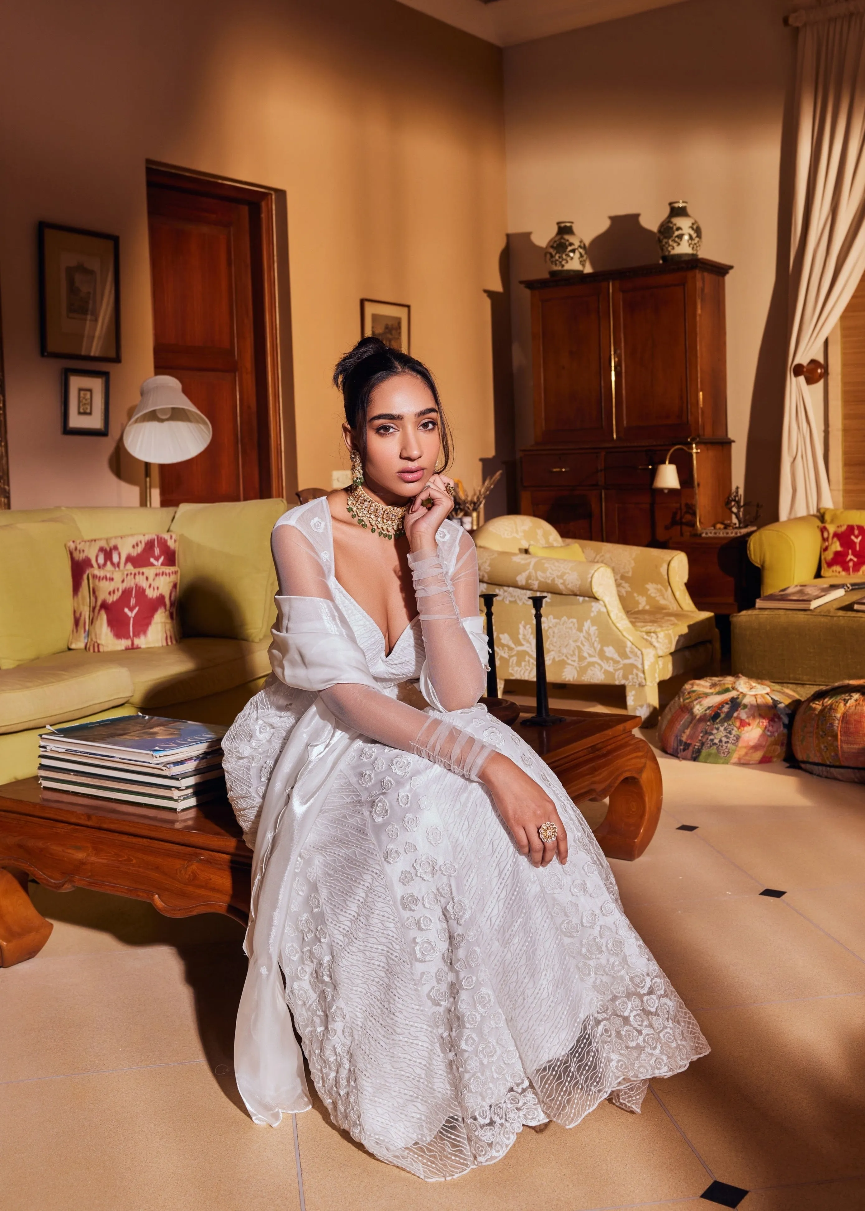 Satya Soft Mesh Embroidered White Anarkali set