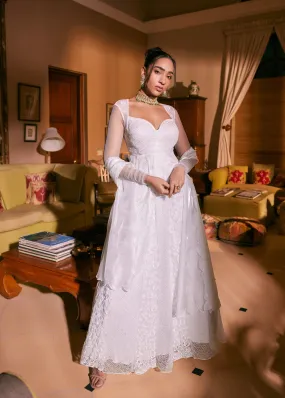 Satya Soft Mesh Embroidered White Anarkali set