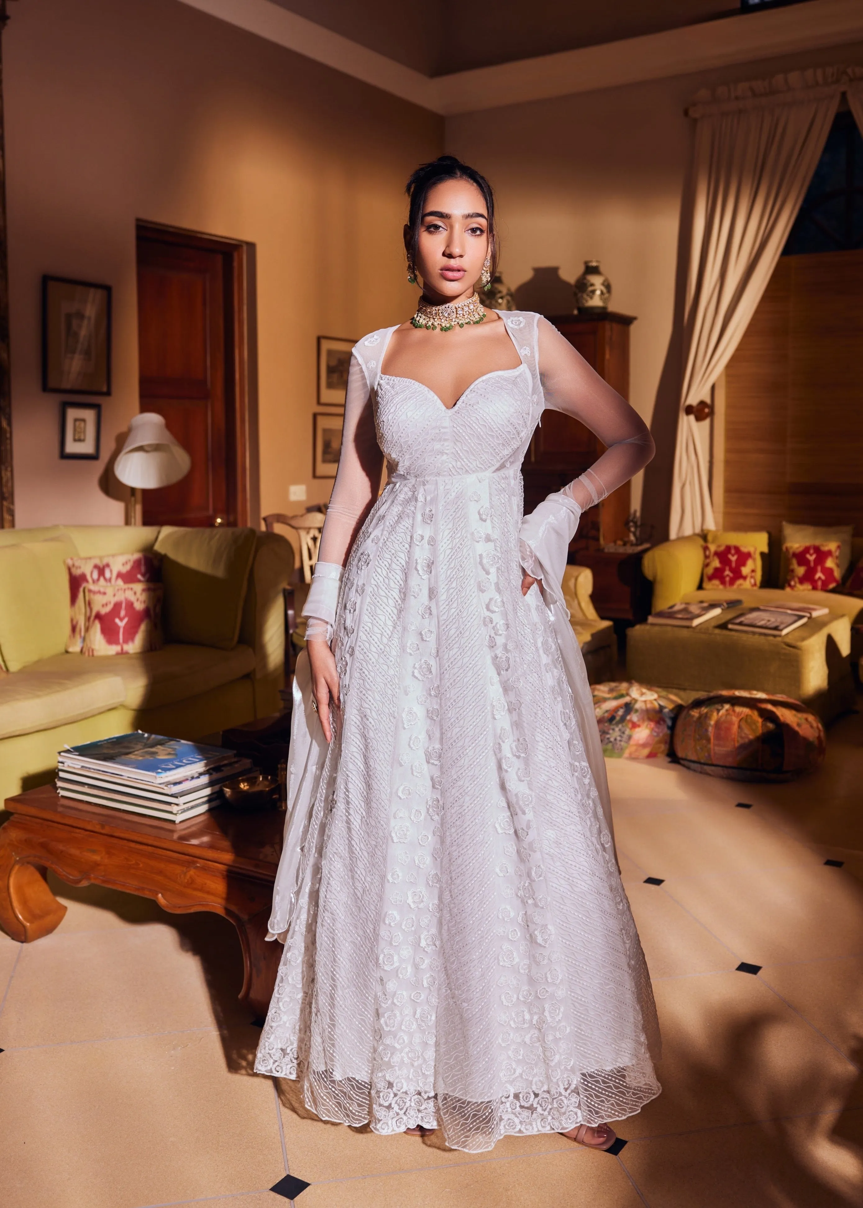 Satya Soft Mesh Embroidered White Anarkali set