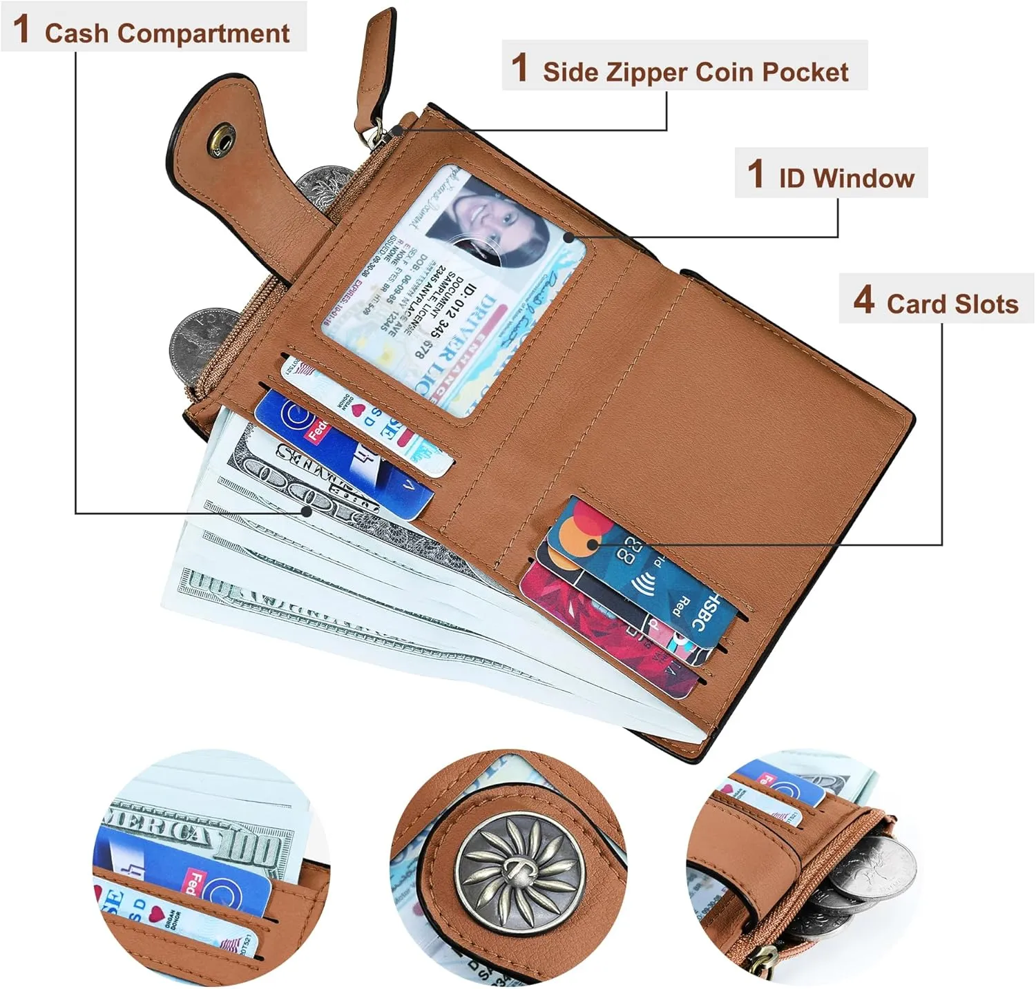 Small Wallet for Women Bifold RFID Blocking Card Holder Leather Wallets with Zipper Coin Pocket
