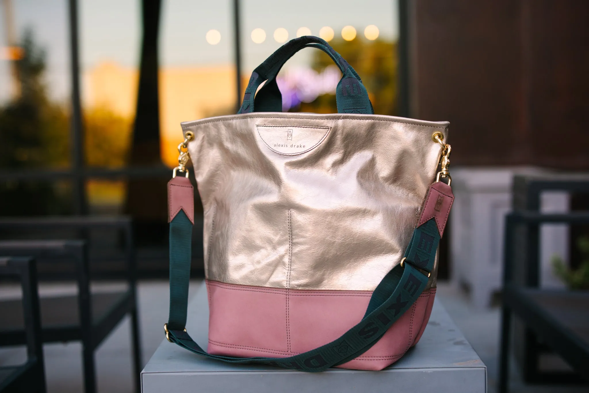 Urban Edge Collection | Lexington Shoulder Tote | Champagne Steel   Distressed Pink Jade
