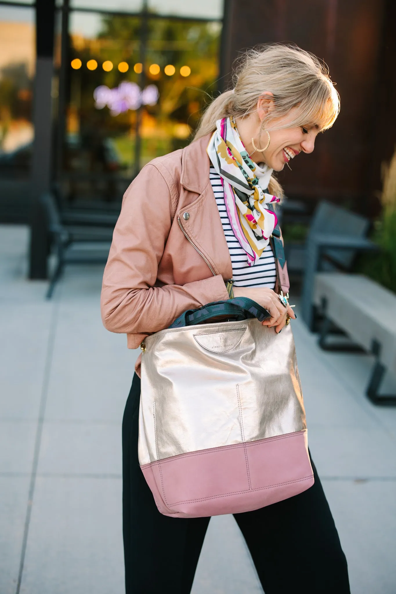 Urban Edge Collection | Lexington Shoulder Tote | Champagne Steel   Distressed Pink Jade
