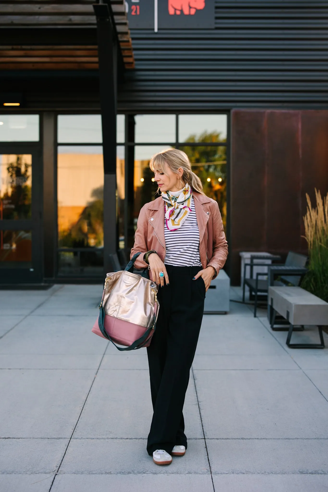 Urban Edge Collection | Lexington Shoulder Tote | Champagne Steel   Distressed Pink Jade