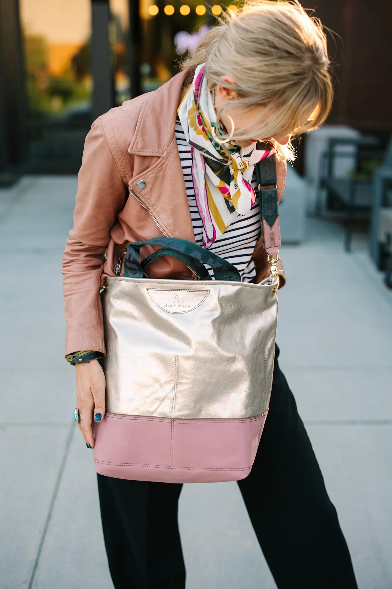 Urban Edge Collection | Lexington Shoulder Tote | Champagne Steel   Distressed Pink Jade