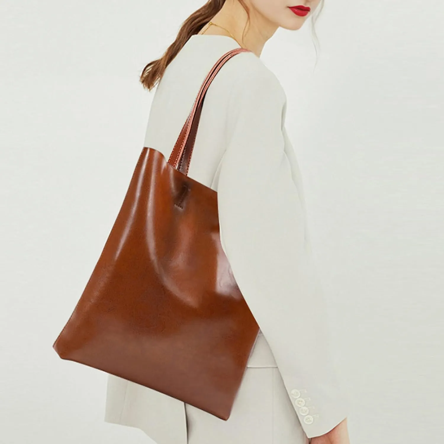Vintage Large Capacity Waxed Cowhide Vertical Shoulder Tote Bag | Premium Genuine Leather Versatile High-end Handbag
