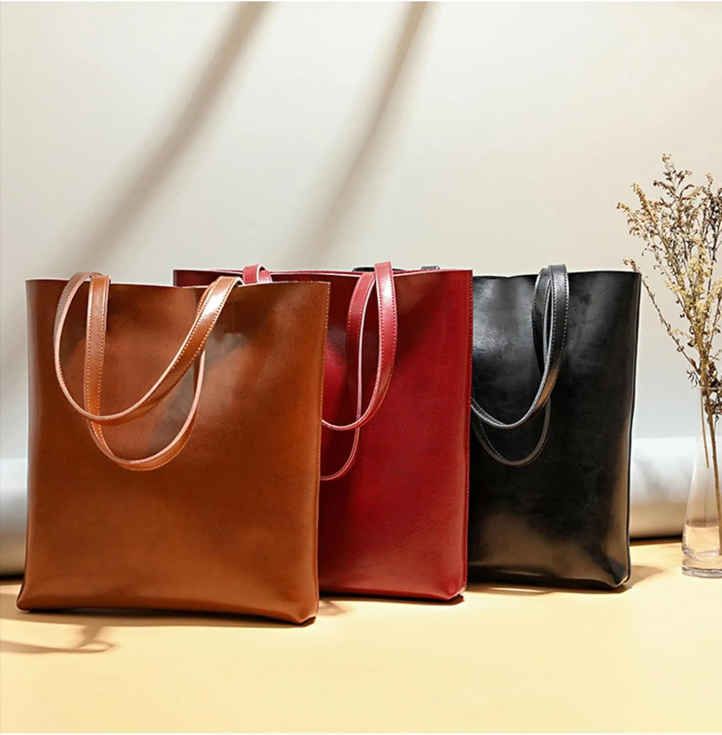 Vintage Large Capacity Waxed Cowhide Vertical Shoulder Tote Bag | Premium Genuine Leather Versatile High-end Handbag
