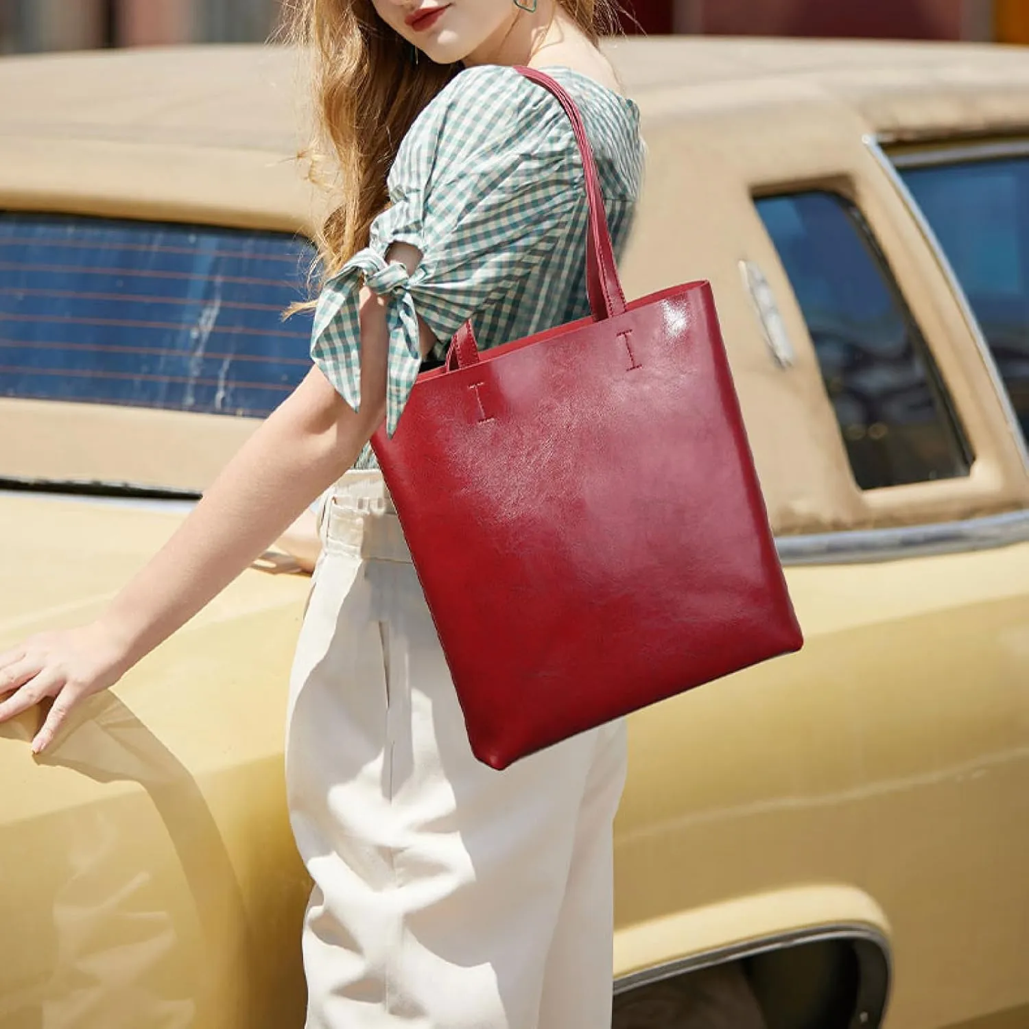 Vintage Large Capacity Waxed Cowhide Vertical Shoulder Tote Bag | Premium Genuine Leather Versatile High-end Handbag