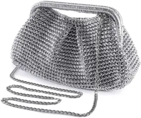 Women's Evening Bag Woven with leather gold threads Clutch Purse Detachable Chain Crossbody Bag